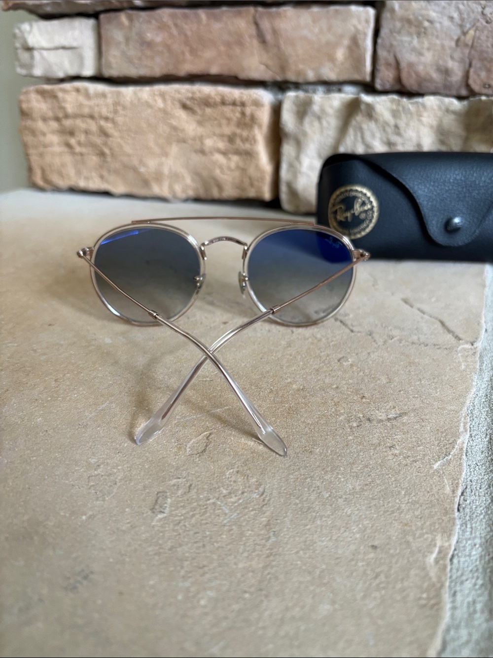 Ray-Ban Gold Frame Sunglasses with Blue Gradient Lenses - Picture 5 of 7